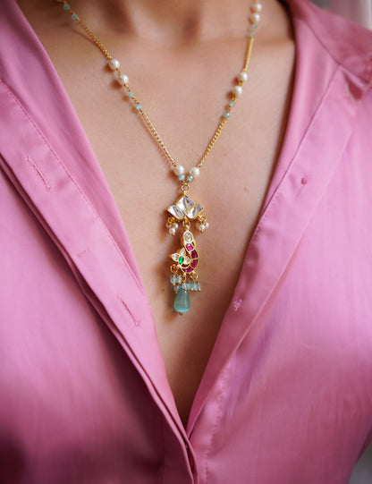 ZIKHIN-Long Multi Colour Jadau Kundan Necklace Set
