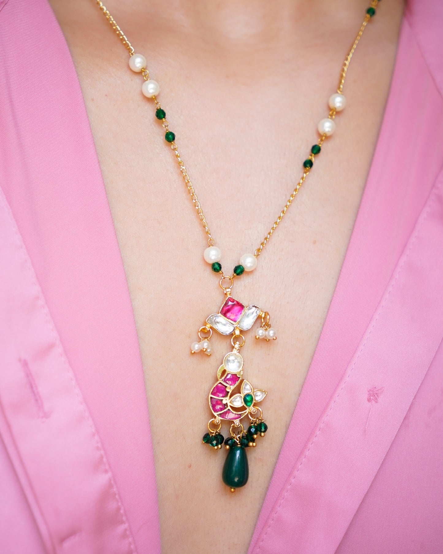 ZIKHIN-Long Multi Colour Jadau Kundan Necklace Set