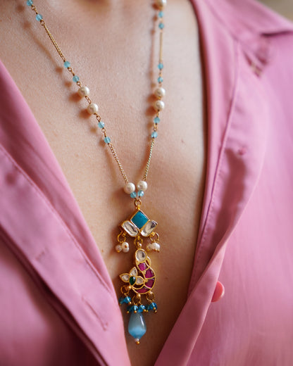 ZIKHIN-Long Multi Colour Jadau Kundan Necklace Set