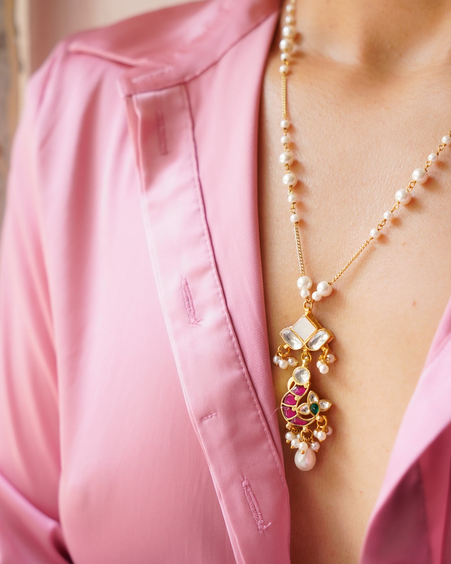 ZIKHIN-Long Multi Colour Jadau Kundan Necklace Set