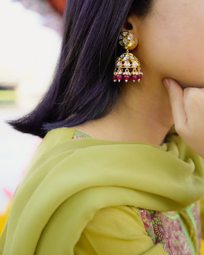 Roop- Rati Gold-Plated Kundan Jhumkas with Ruby Beads