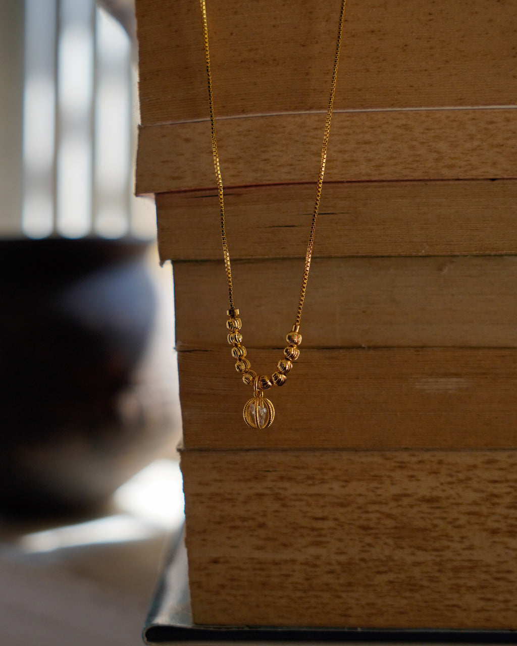 ORO-Gold Plated Beaded Drop Diamond Pendant Necklace