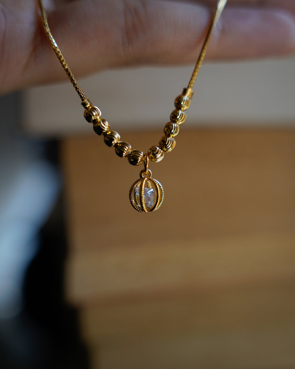 ORO-Gold Plated Beaded Drop Diamond Pendant Necklace
