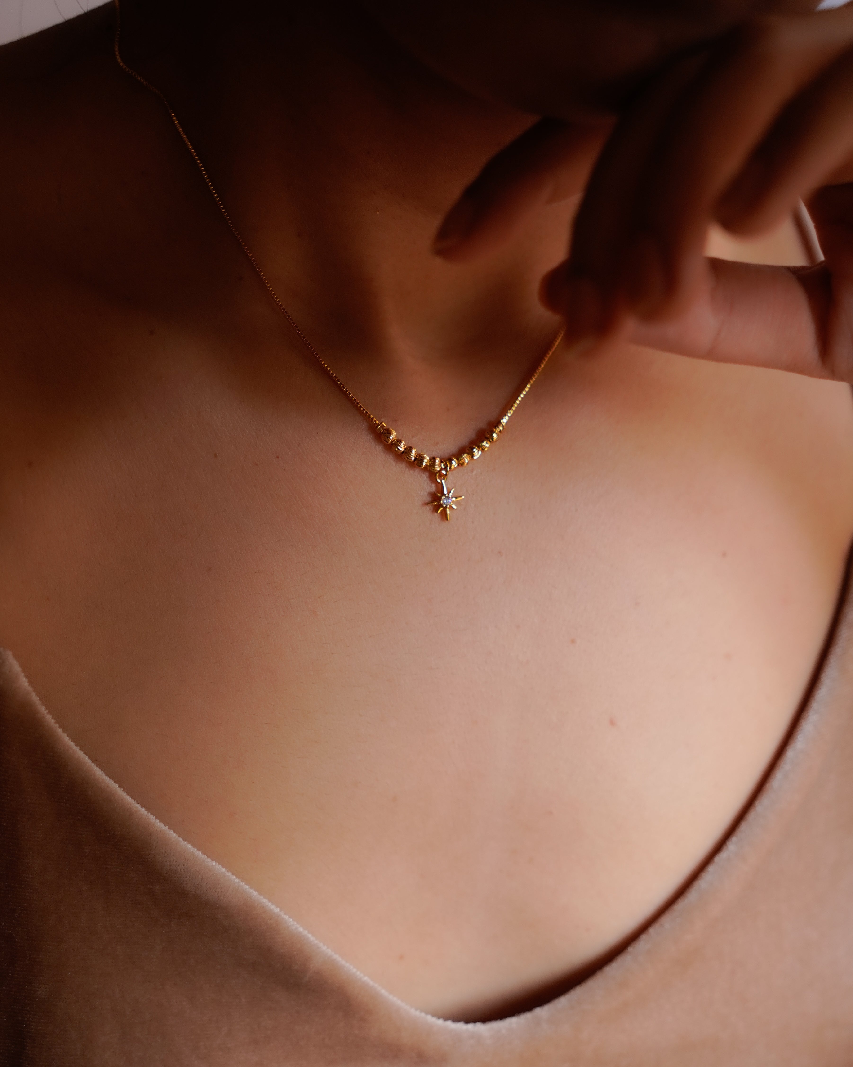 FLORA-Anti-Tarnish Gold Finish Star Charm Pendant Necklace | Minimal Beaded Chain