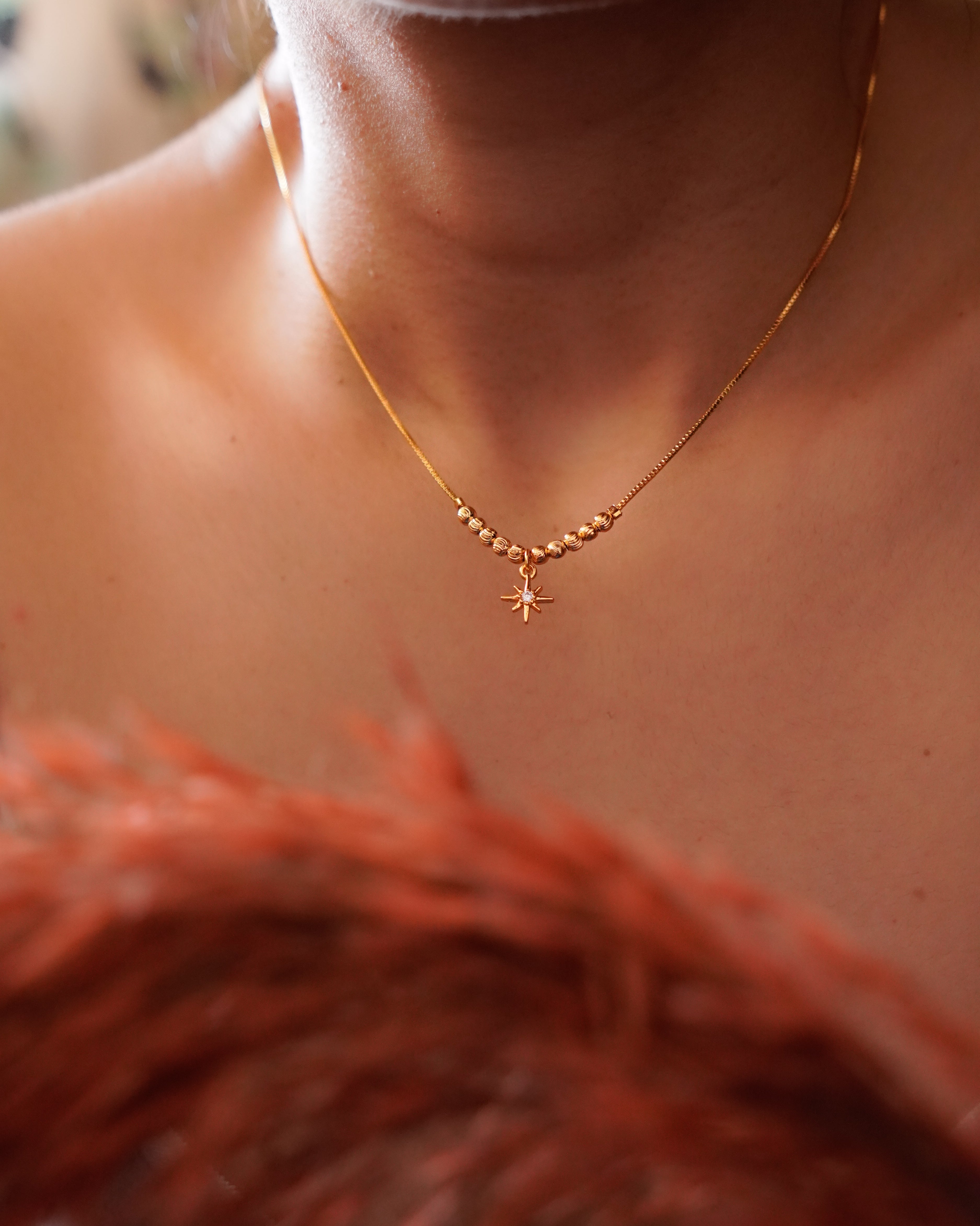 FLORA-Anti-Tarnish Gold Finish Star Charm Pendant Necklace | Minimal Beaded Chain