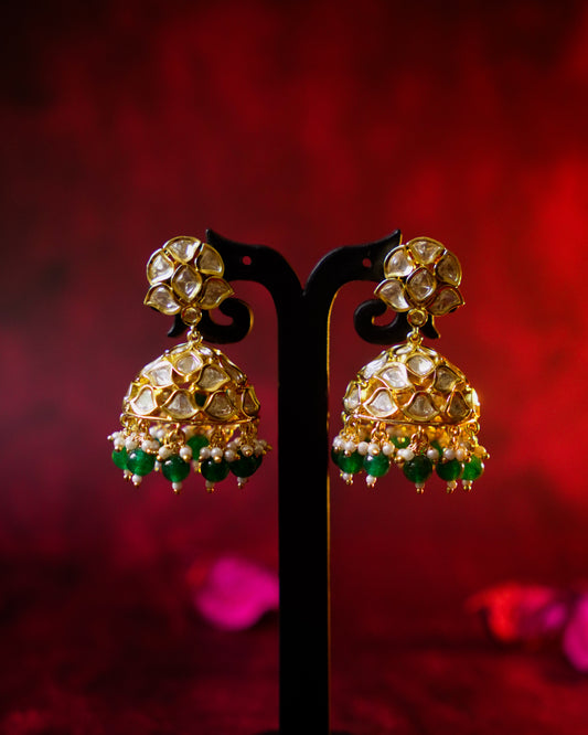 Roop- Rati Gold-Plated Kundan Jhumkas with Ruby Beads