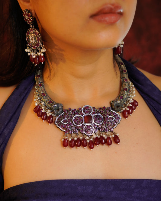 Anassa -Maroon Stone Moti Flower Necklace Set