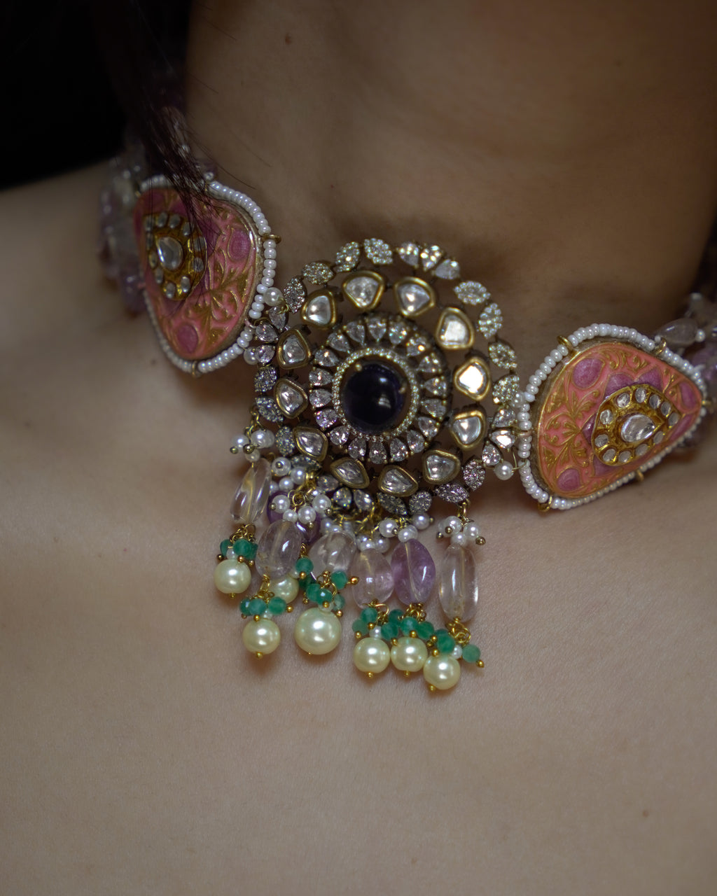 ZIKHIN- Radiant Elegance Kundan Choker Set with Stunning Red Quartz