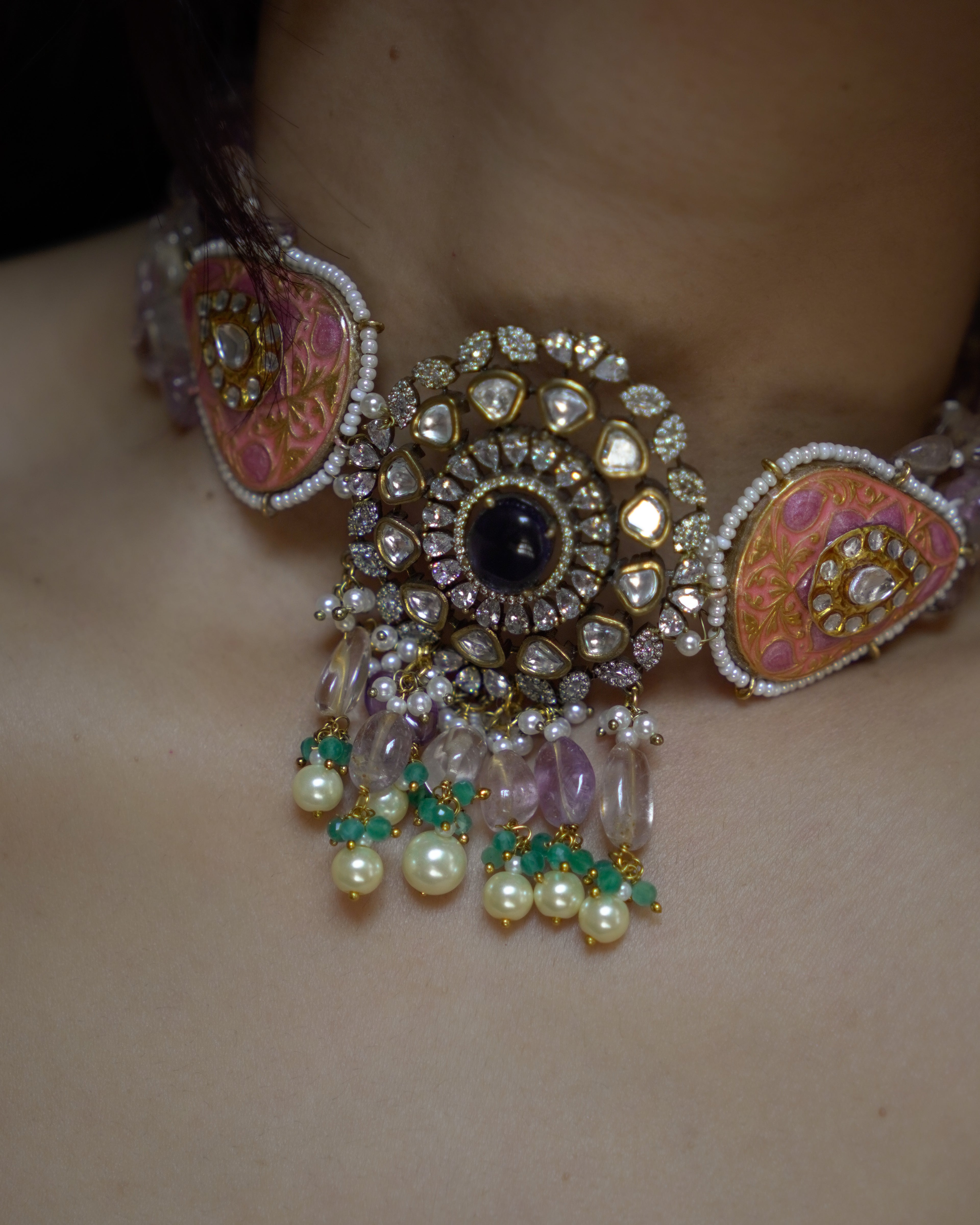 ZIKHIN- Radiant Elegance Kundan Choker Set with Stunning Red Quartz