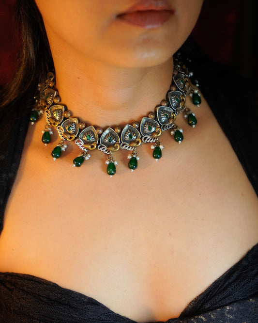 Anassa-Dual Tone Moti Floral Necklace Set
