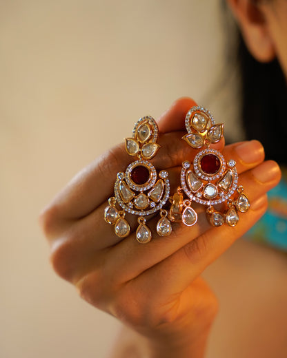 ROOP-Gold Kundan Chandbali Earrings with Colored Stone Centerpiece