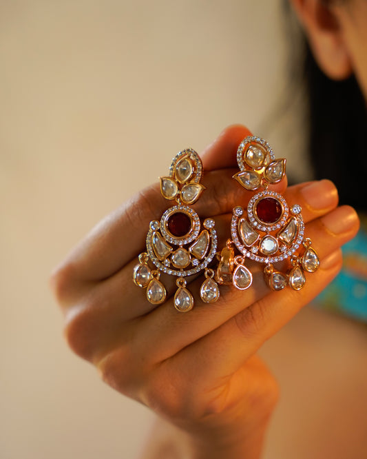 ROOP-Gold Kundan Chandbali Earrings with Colored Stone Centerpiece