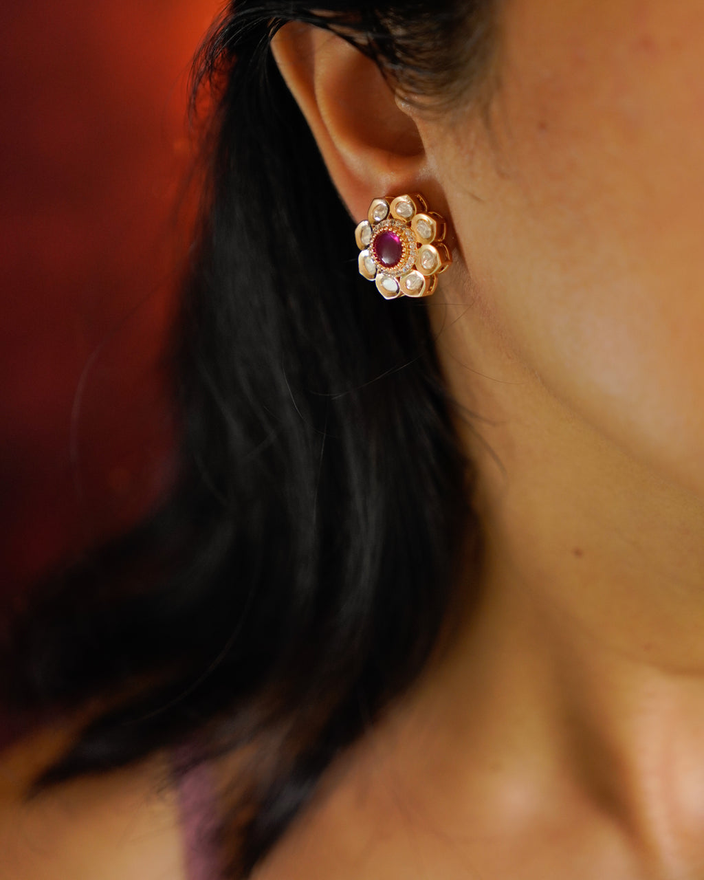 ROOP- Gold Kundan Floral Stud Earrings