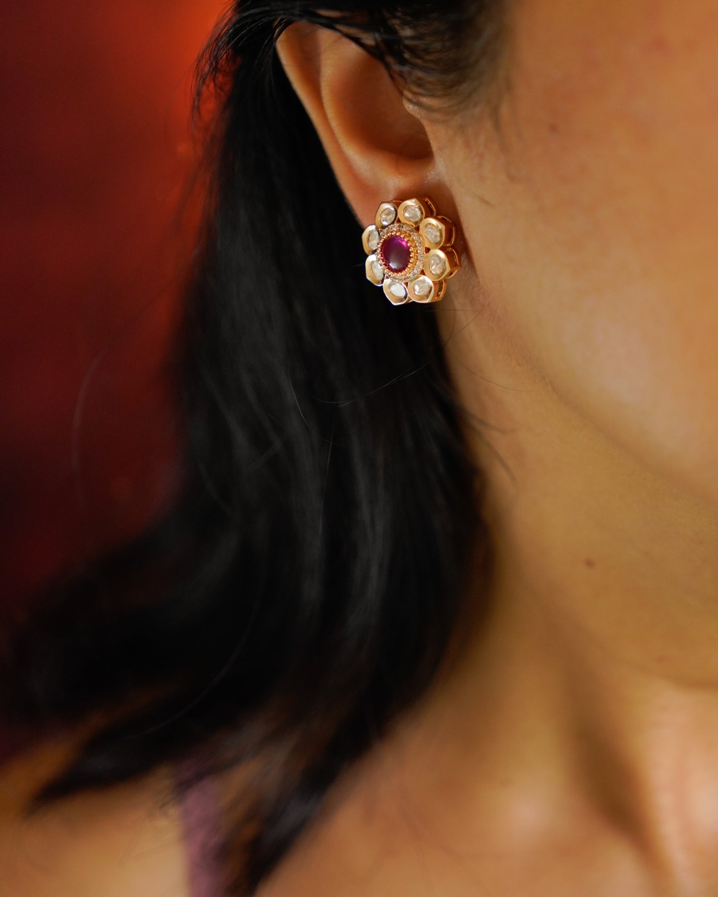 ROOP- Gold Kundan Floral Stud Earrings