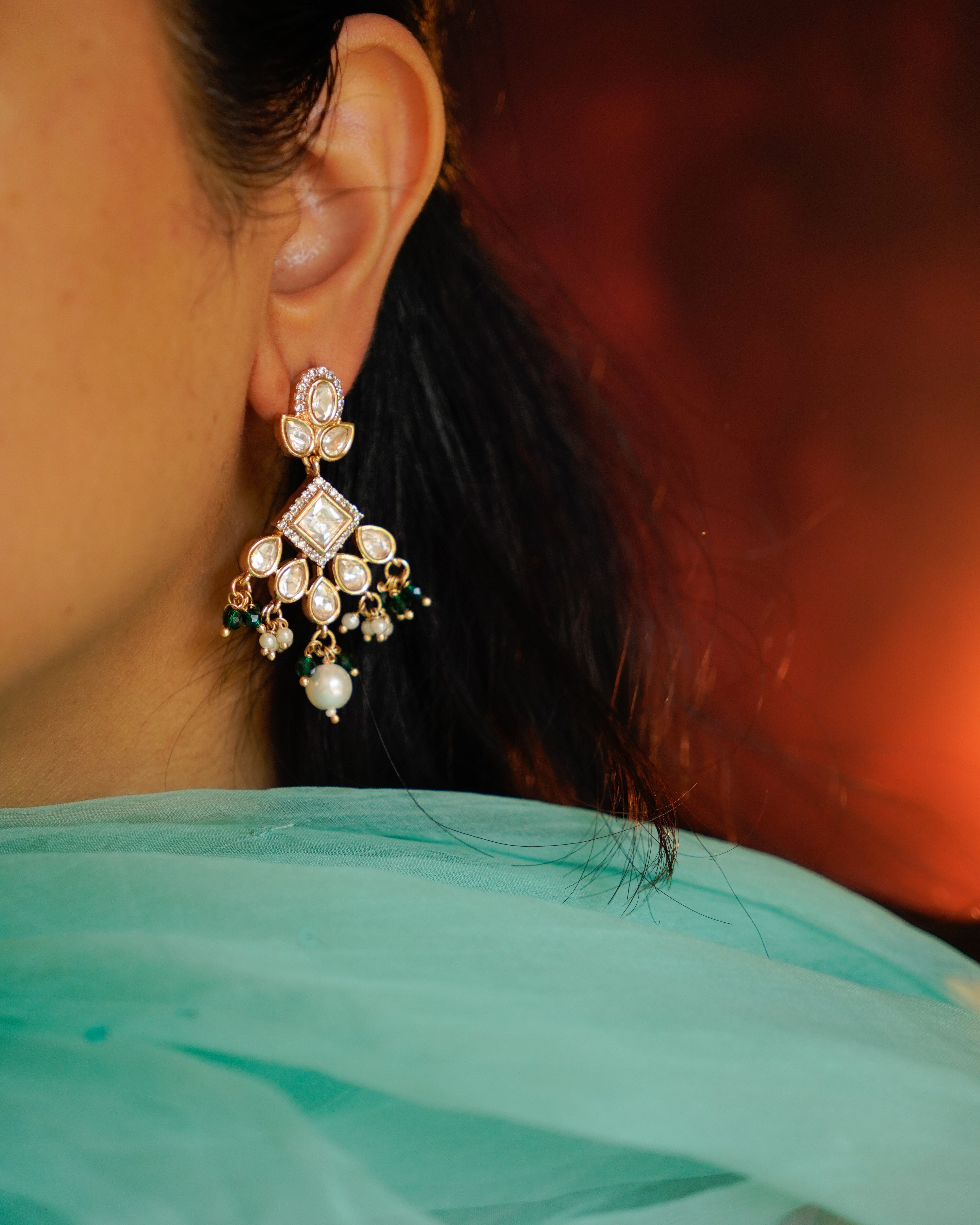 ROOP- Kundan Dangling Earrings with Pearls and Beads