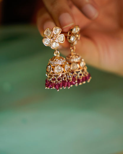 ROOP- Kundan Floral Jhumka Earrings with Beads Detailing