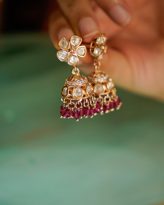 ROOP- Kundan Floral Jhumka Earrings with Beads Detailing