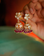 ROOP- Kundan Floral Jhumka Earrings with Beads Detailing