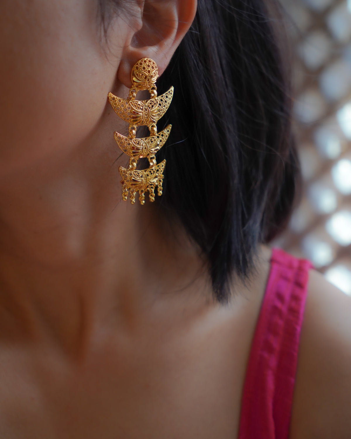ORO- Royal Three Tier Heritage Dangle – 1gm Gold Plated Dramatic Crescent Mesh Statement Chandbali Earrings
