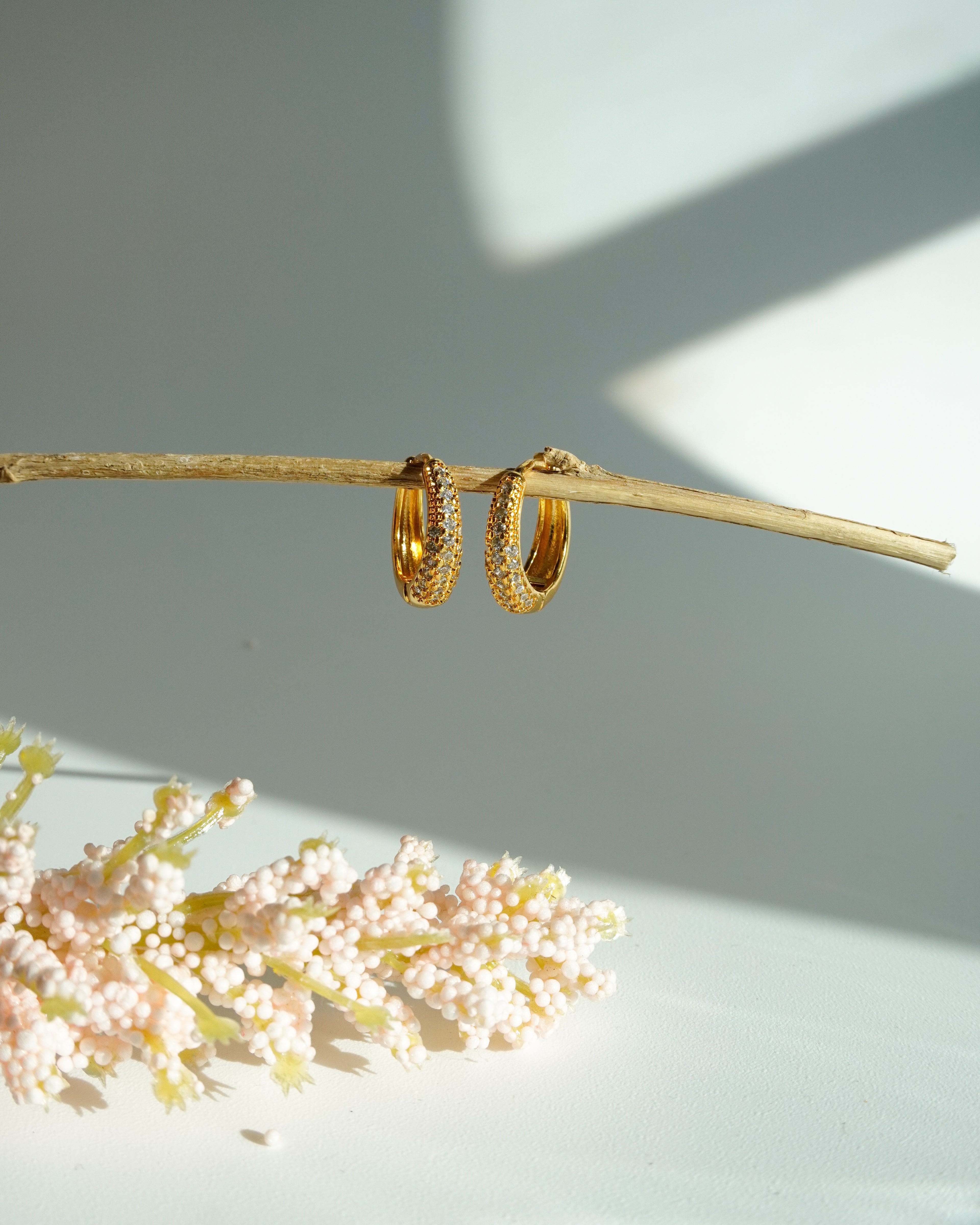 FLORA- Gold Pavé Hoop Earrings |Minimal Zircon Huggie Hoops for Everyday Wear