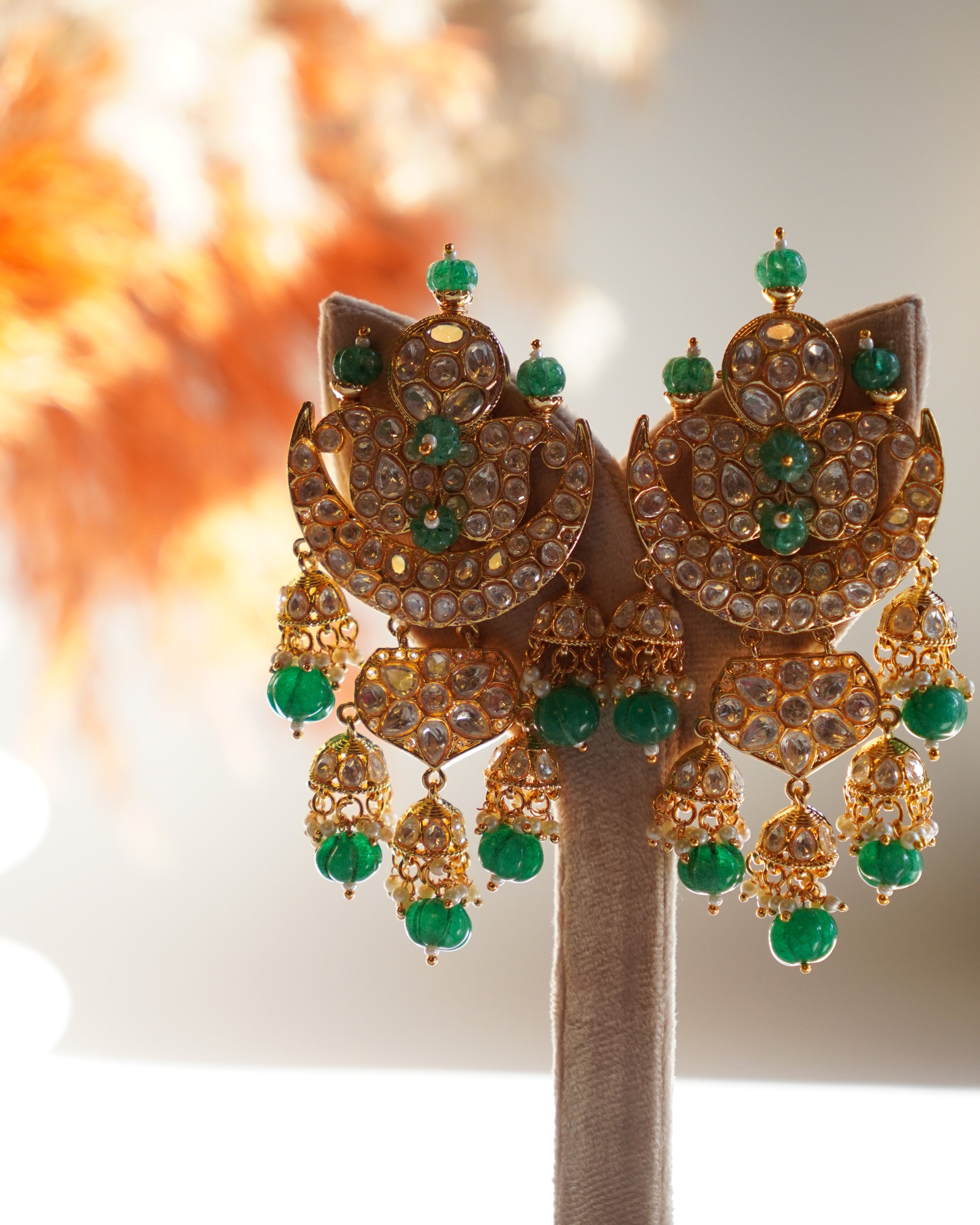 ROOP- Crescent Moon Gold & Emerald Chandbali Earrings