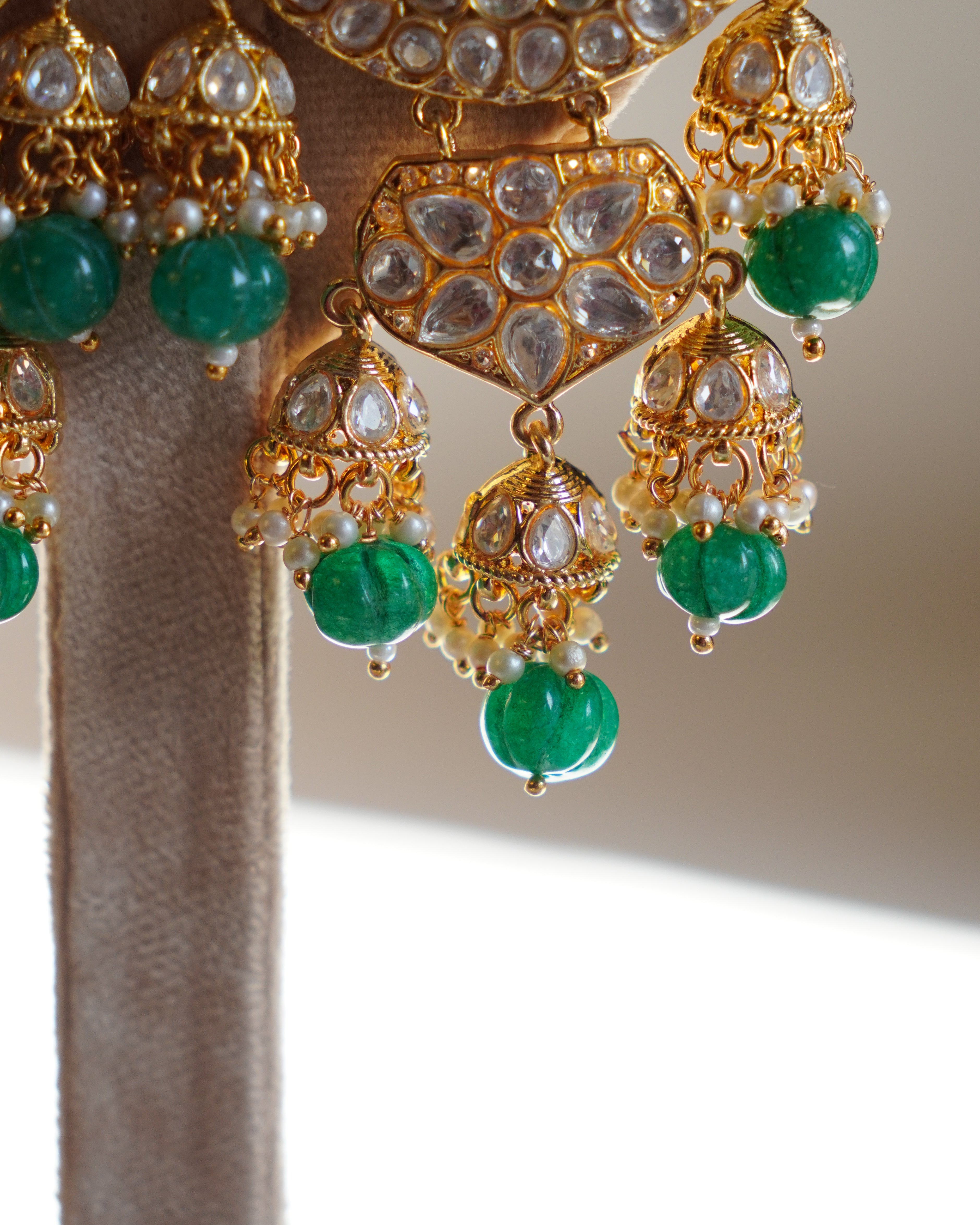 ROOP- Crescent Moon Gold & Emerald Chandbali Earrings