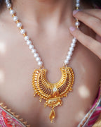 ORO- Royal Sunburst & Pearl Long Mala Set – 1gm Gold Plated Traditional Crescent Festive Necklace