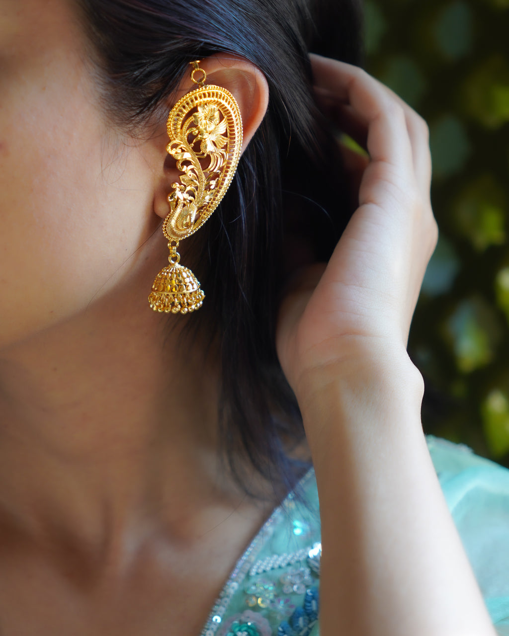 ORO - Premium 1 Gram Gold Plated Royal Peacock Kaan Phool Earrings | Micro Plated Floral Ear Cuffs with Hanging Jhumkas