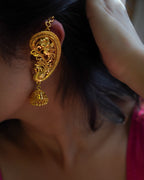 ORO - Premium 1 Gram Gold Plated Royal Peacock Kaan Phool Earrings | Micro Plated Floral Ear Cuffs with Hanging Jhumkas