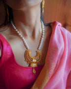 ORO- Royal Sunburst & Pearl Long Mala Set – 1gm Gold Plated Traditional Crescent Festive Necklace