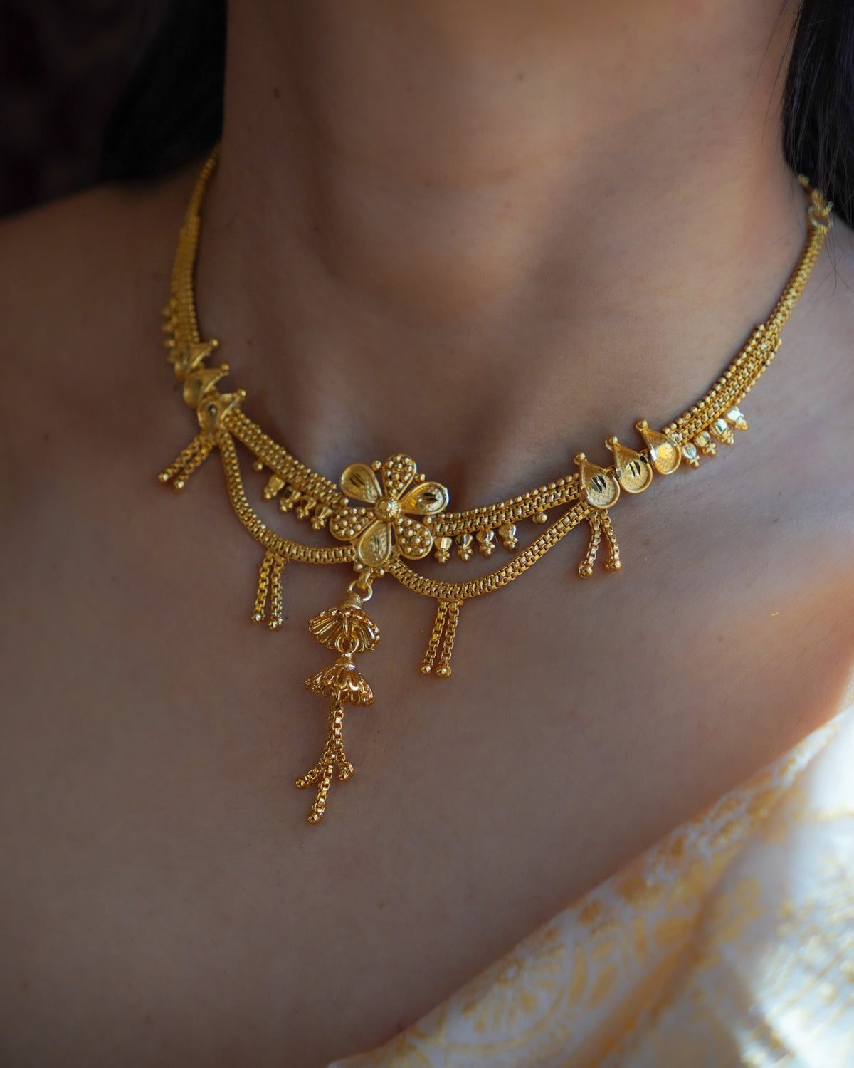 ORO- Matte Finish Floral Tassel Gold Plated Necklace & Earrings Set