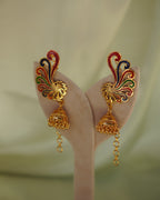 ORO-Premium 1 Gram Gold Plated Meenakari Peacock Kaan Phool Earrings | Micro Plated Enamel Ear Cuffs with Hanging Jhumkas