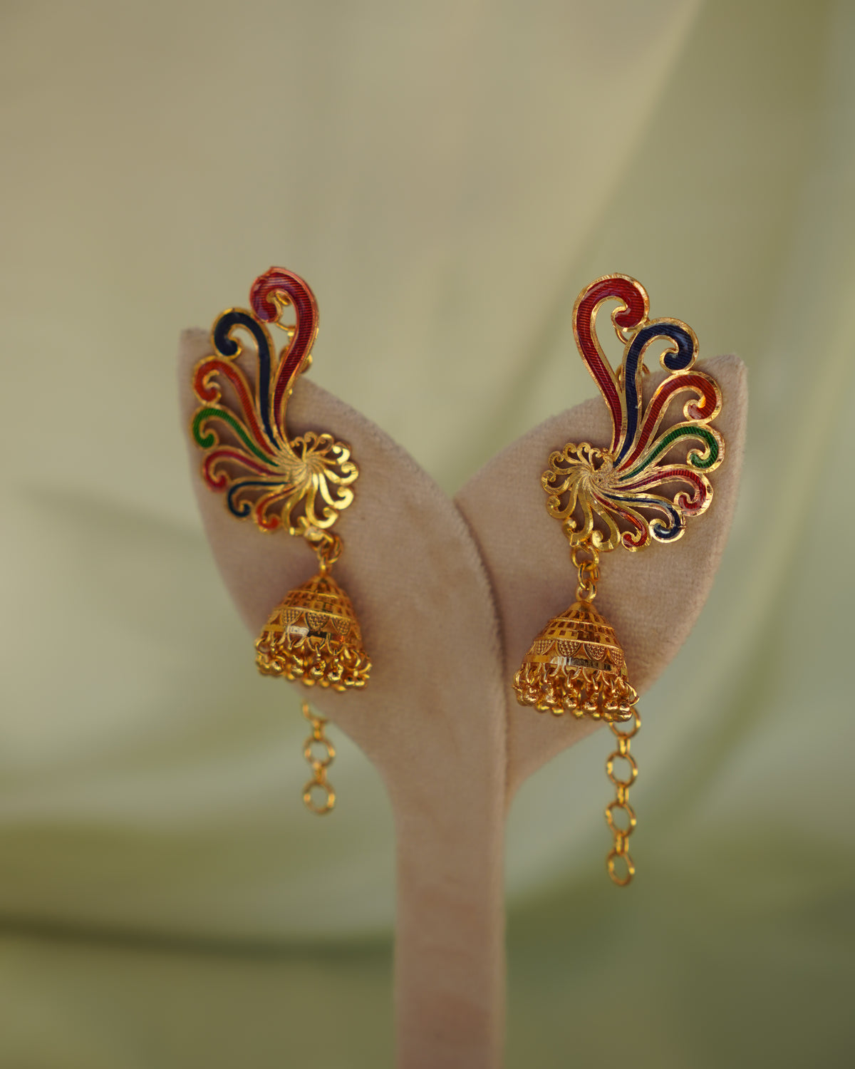 ORO-Premium 1 Gram Gold Plated Meenakari Peacock Kaan Phool Earrings | Micro Plated Enamel Ear Cuffs with Hanging Jhumkas