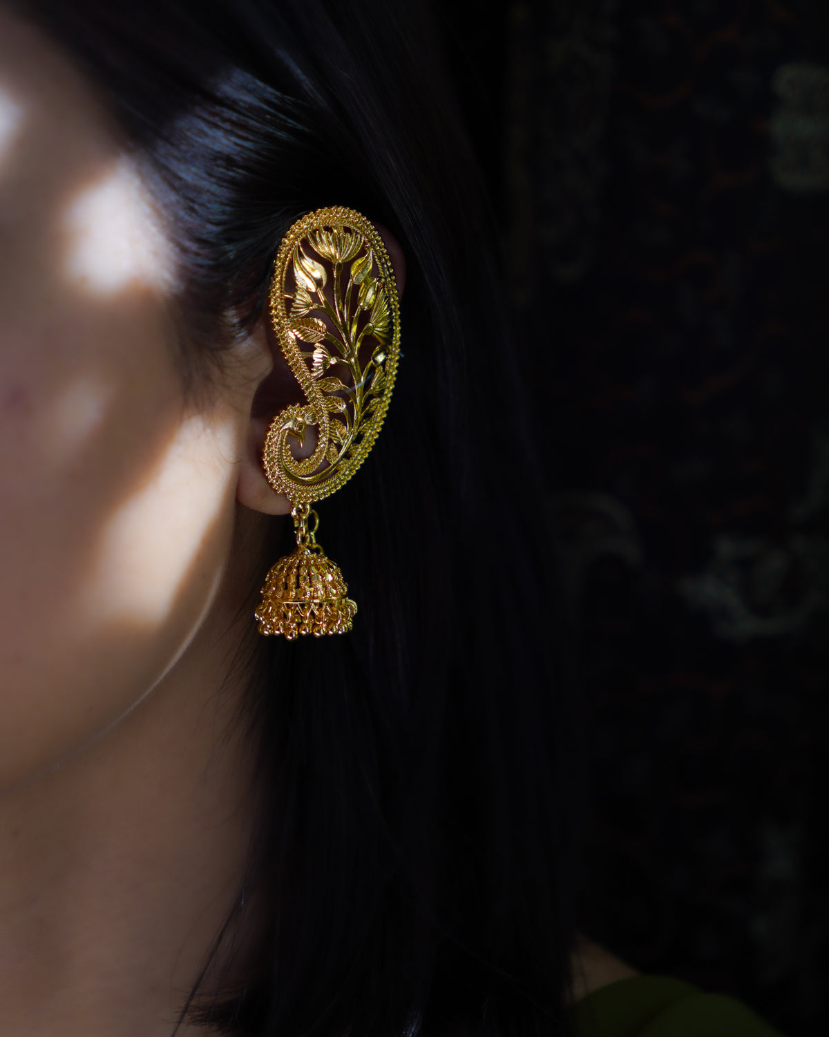 ORO-Gold Plated Paisley Peacock Kaan Phool Earrings | Micro Plated Botanical Ear Cuffs with Hanging Jhumkas