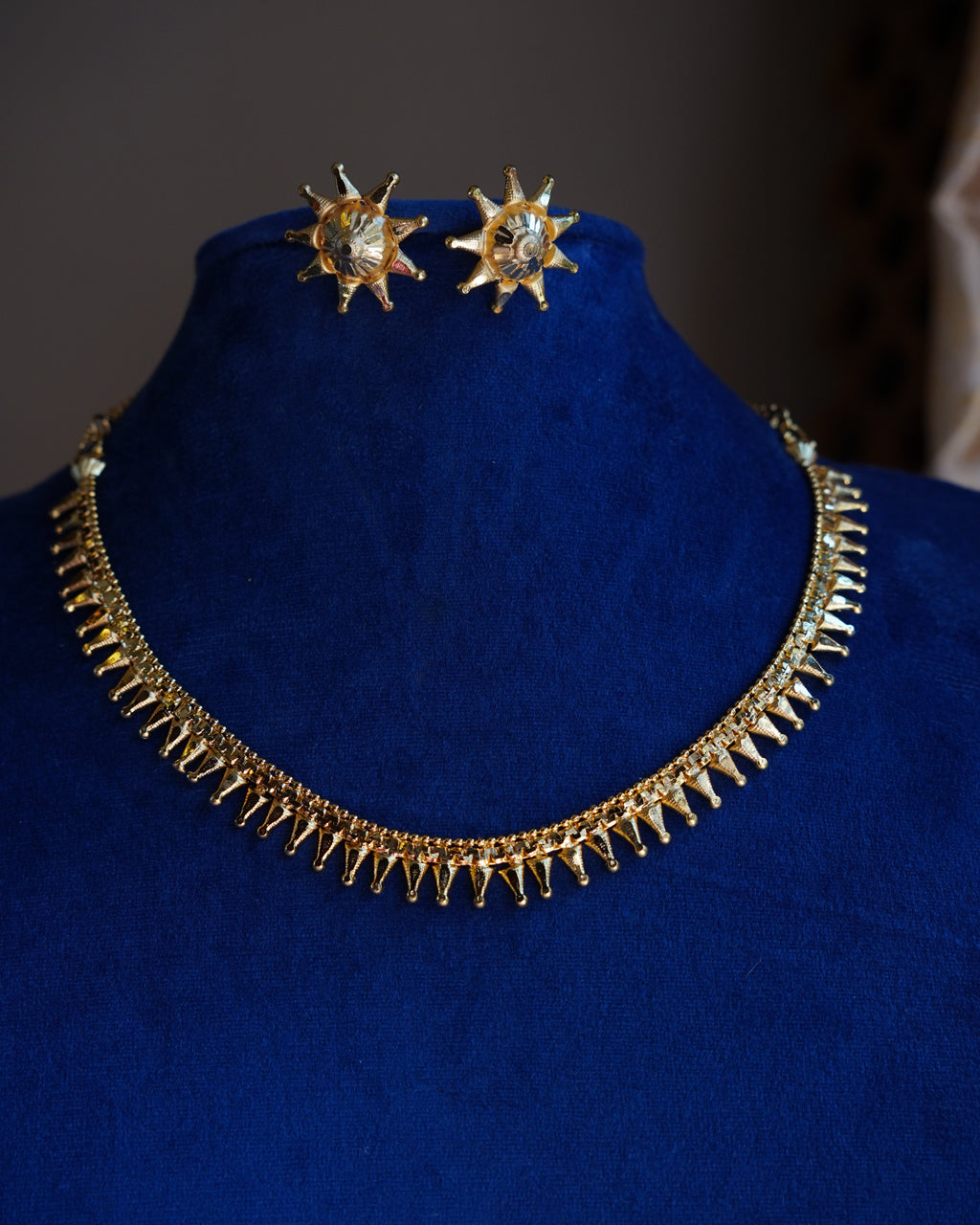 ORO-Gold Plated Geometric Spike Necklace Set | Micro Plated Traditional Necklace with Matching Sunburst Studs