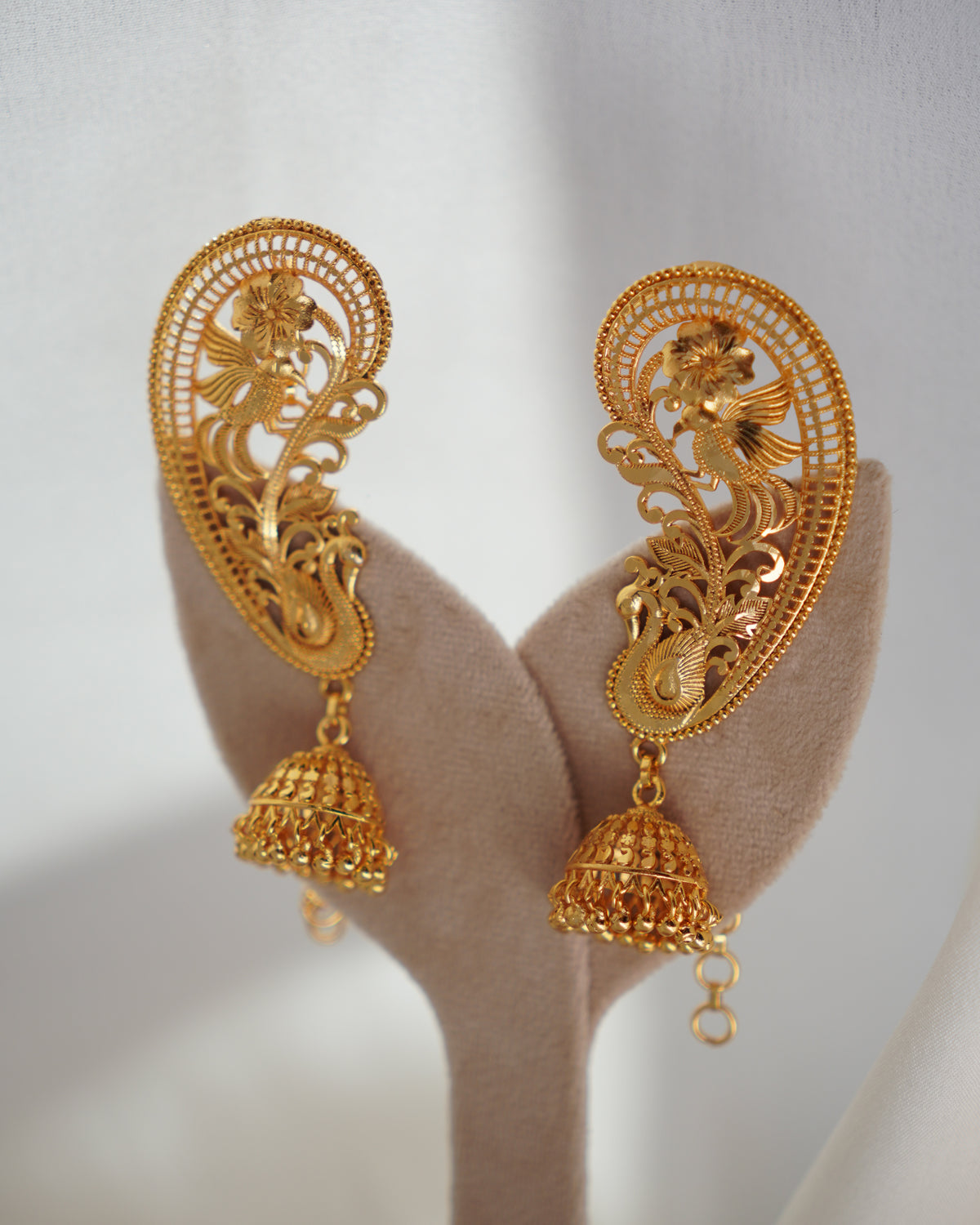 ORO - Premium 1 Gram Gold Plated Royal Peacock Kaan Phool Earrings | Micro Plated Floral Ear Cuffs with Hanging Jhumkas