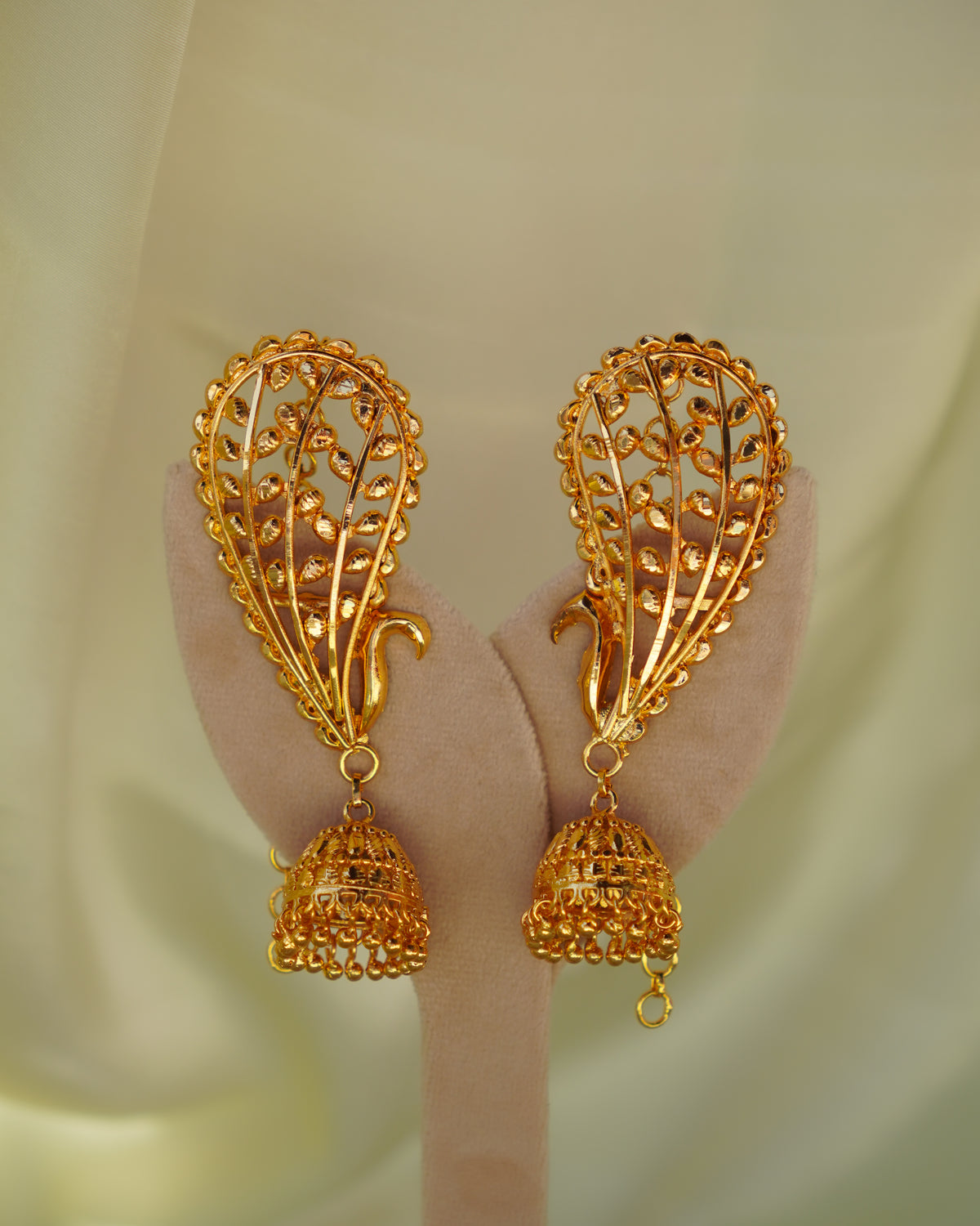 ORO - Peacock Kaan Phool Earrings | Micro Plated Filigree Ear Cuffs with Hanging Jhumkas