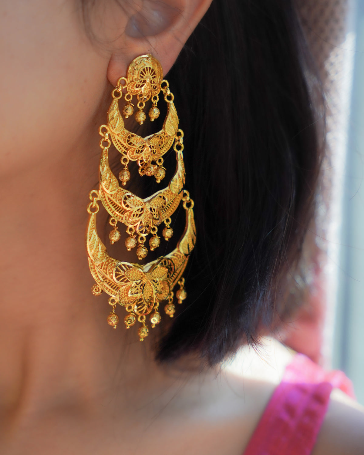 ORO- Three Tier Chandbali Earrings | Micro Plated Floral Filigree Layered Wedding Dangles