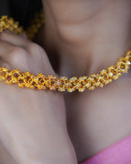 ORO- Premium 1 Gram Gold Plated Lace Mesh Mala Necklace | Micro Plated Traditional Criss Cross Filigree Haram Long Chain