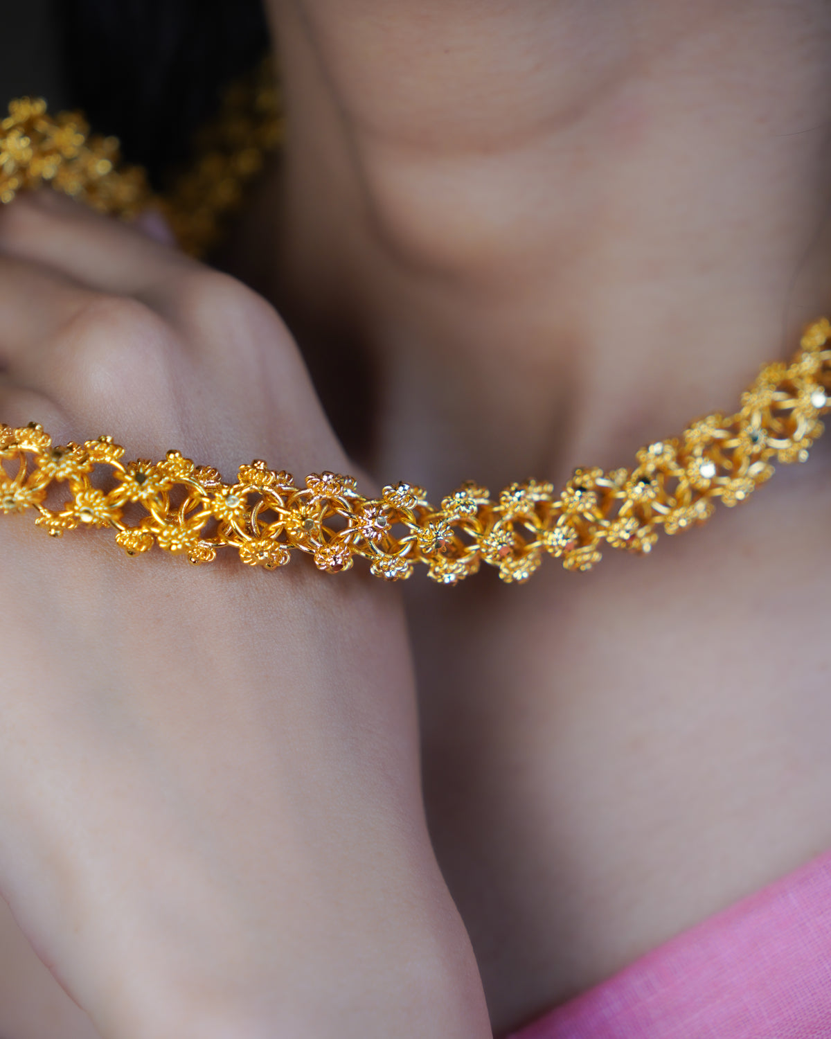ORO- Premium 1 Gram Gold Plated Lace Mesh Mala Necklace | Micro Plated Traditional Criss Cross Filigree Haram Long Chain