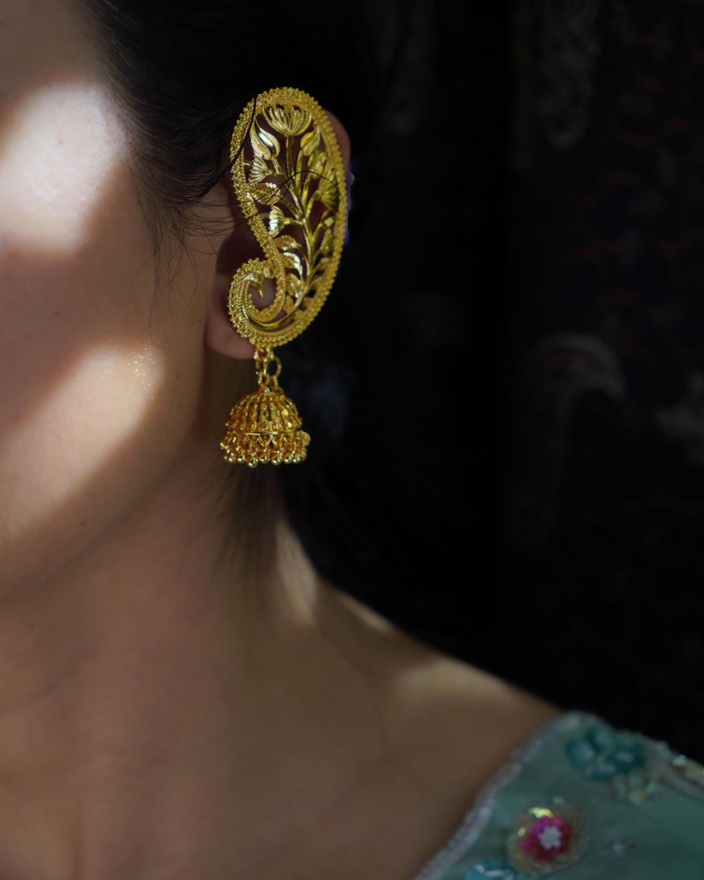 ORO-Gold Plated Paisley Peacock Kaan Phool Earrings | Micro Plated Botanical Ear Cuffs with Hanging Jhumkas