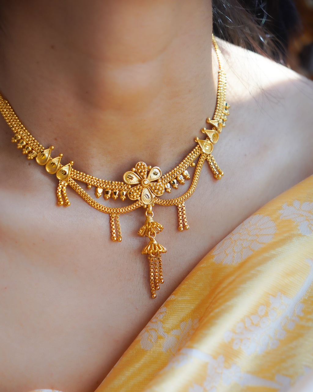 ORO- Matte Finish Floral Tassel Gold Plated Necklace & Earrings Set