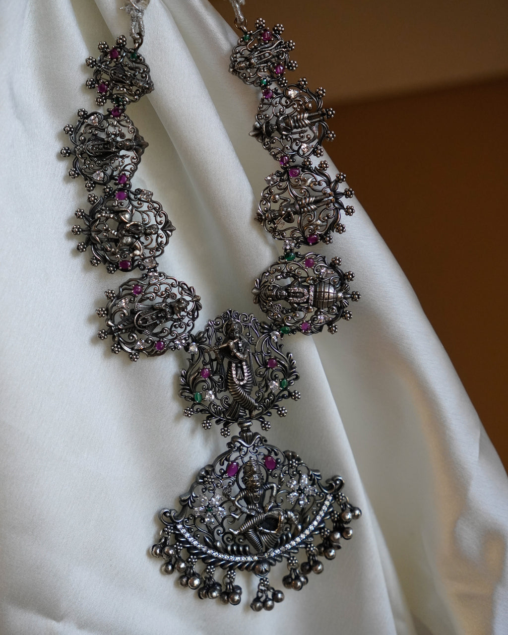 Anassa- Oxidised Temple Jewellery Necklace Set with Earrings – Antique Silver Finish Brass, Goddess Pendant Statement