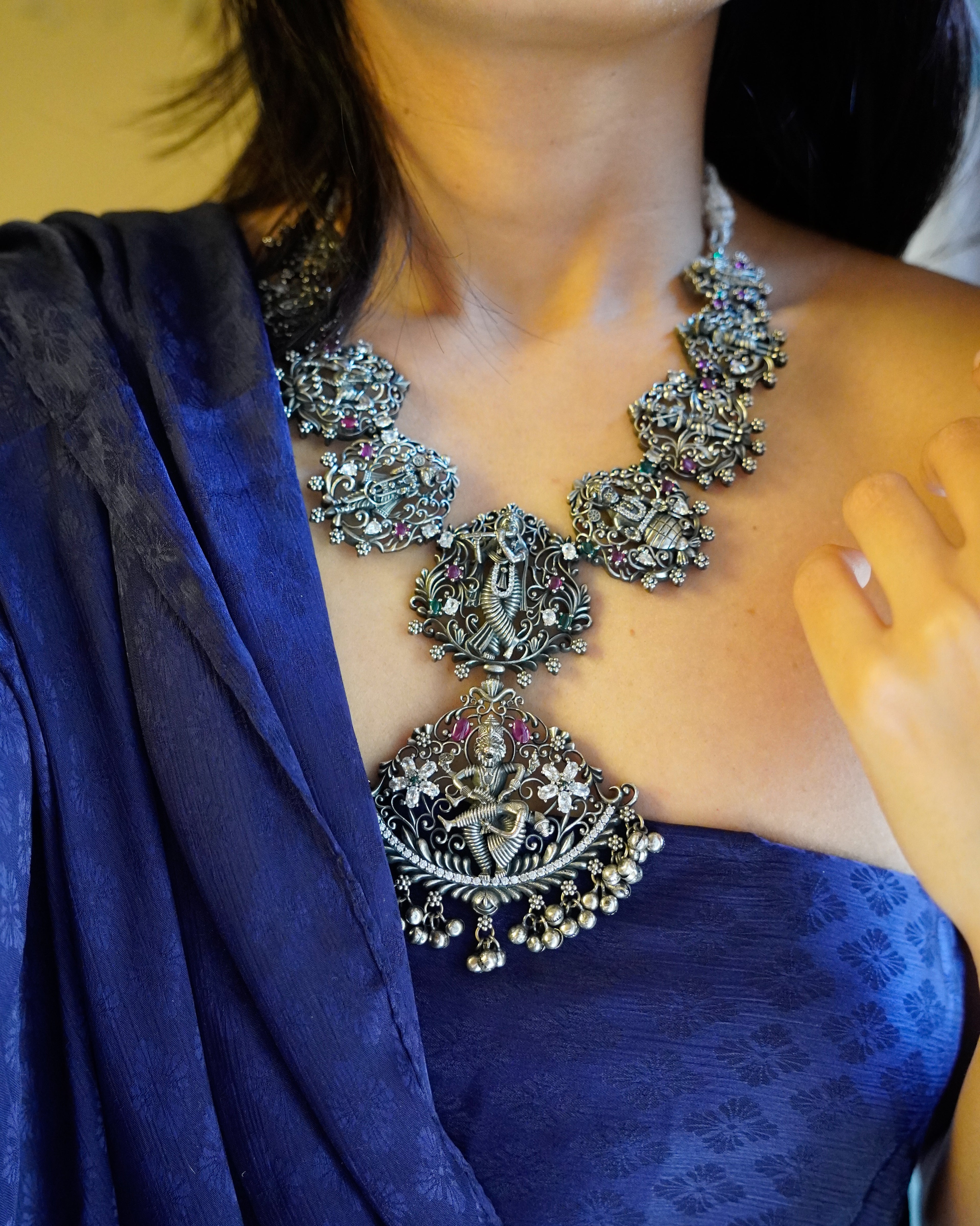 Anassa- Oxidised Temple Jewellery Necklace Set with Earrings – Antique Silver Finish Brass, Goddess Pendant Statement