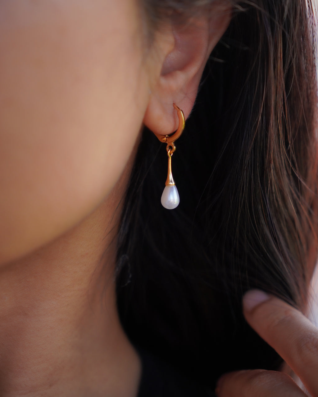 FLORA-Gold Pearl Drop Earrings for Women | Elegant Dangle Earrings | Minimal Hoop with Pearl