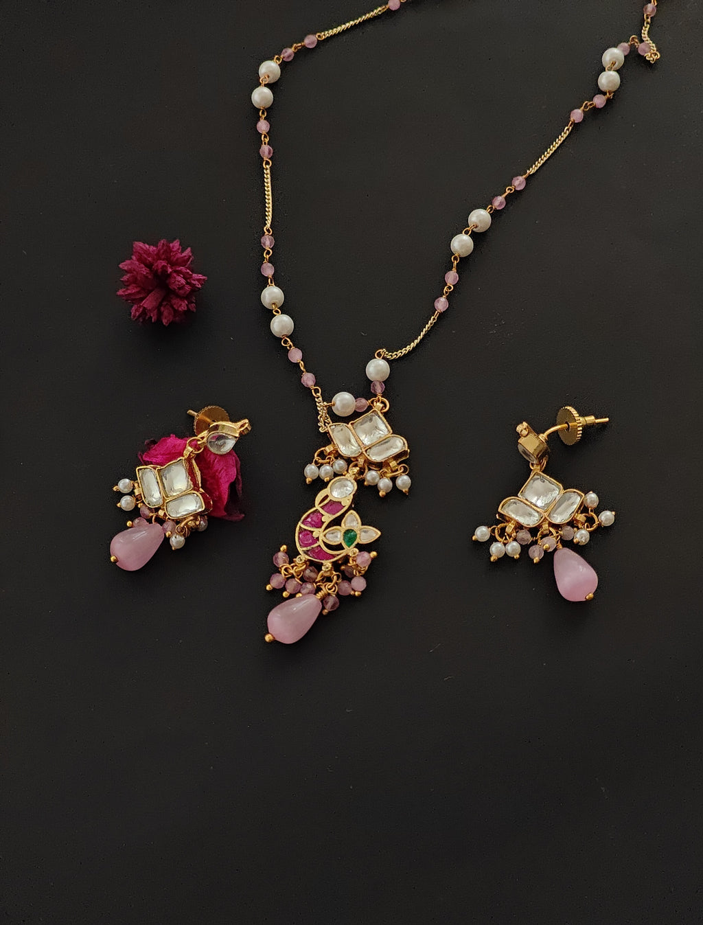 ZIKHIN-Long Multi Colour Jadau Kundan Necklace Set