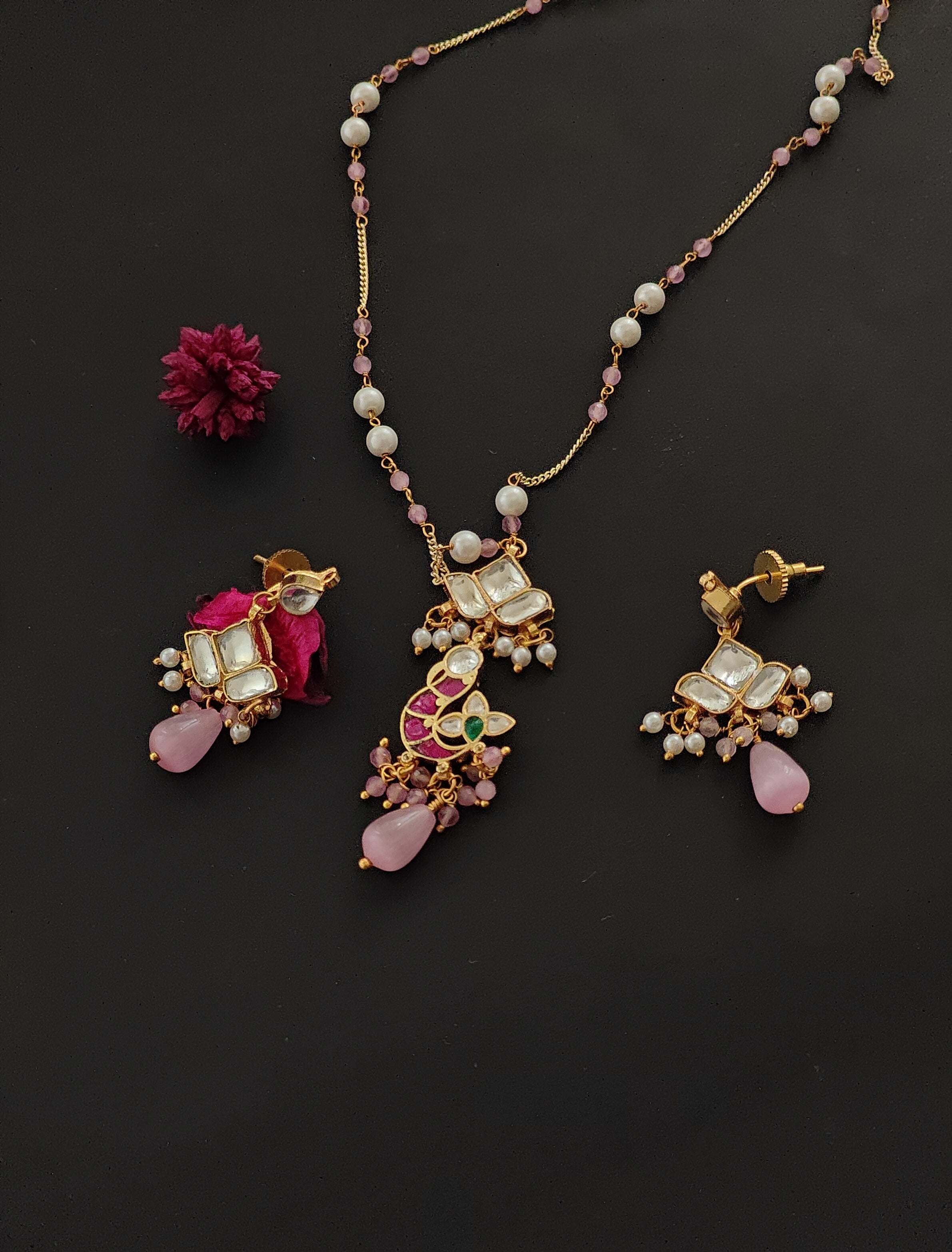 ZIKHIN-Long Multi Colour Jadau Kundan Necklace Set