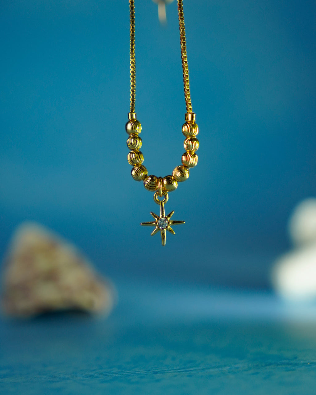 FLORA-Anti-Tarnish Gold Finish Star Charm Pendant Necklace | Minimal Beaded Chain