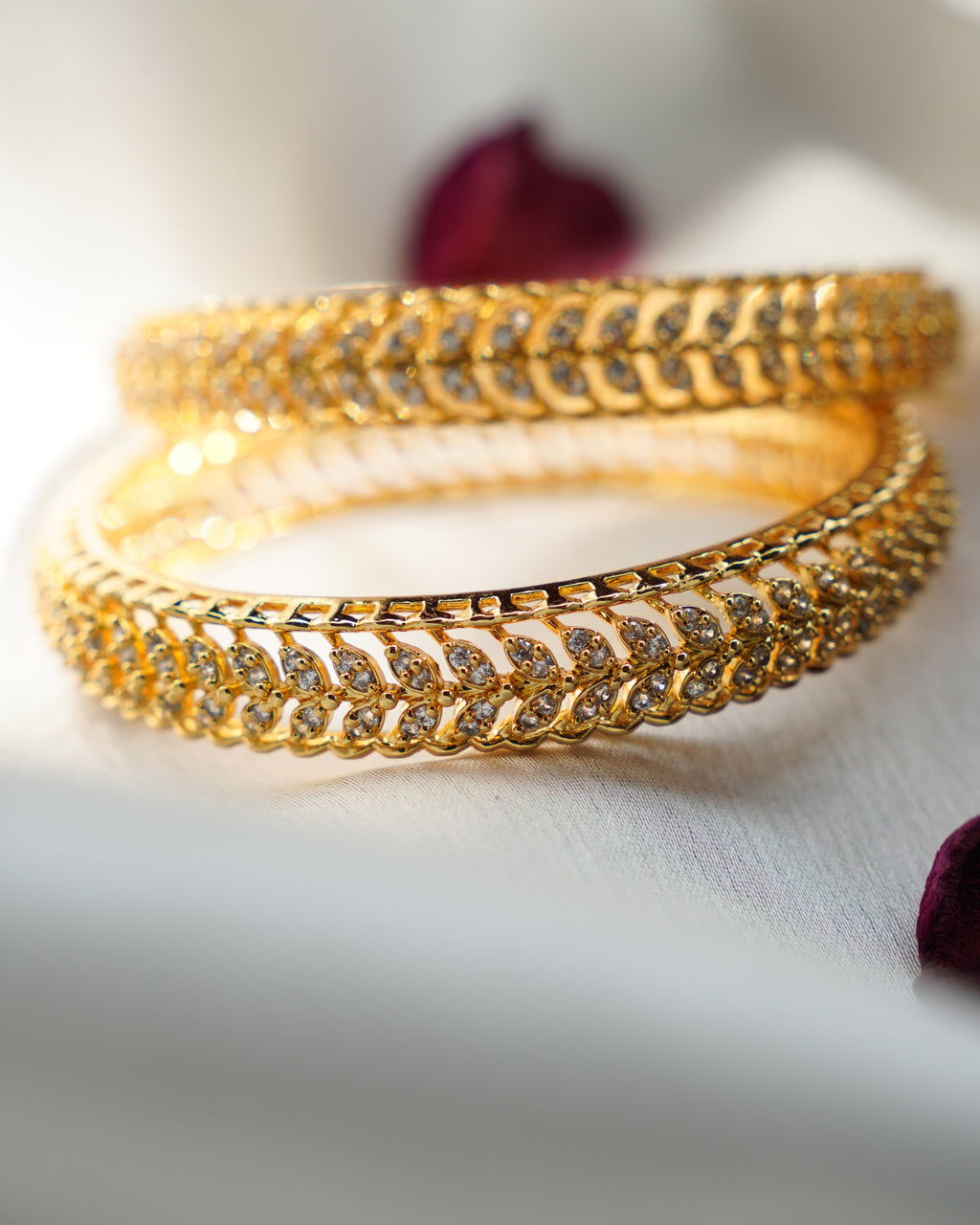 ORO- Leaf  Pattern American Diamond Studded Bangle