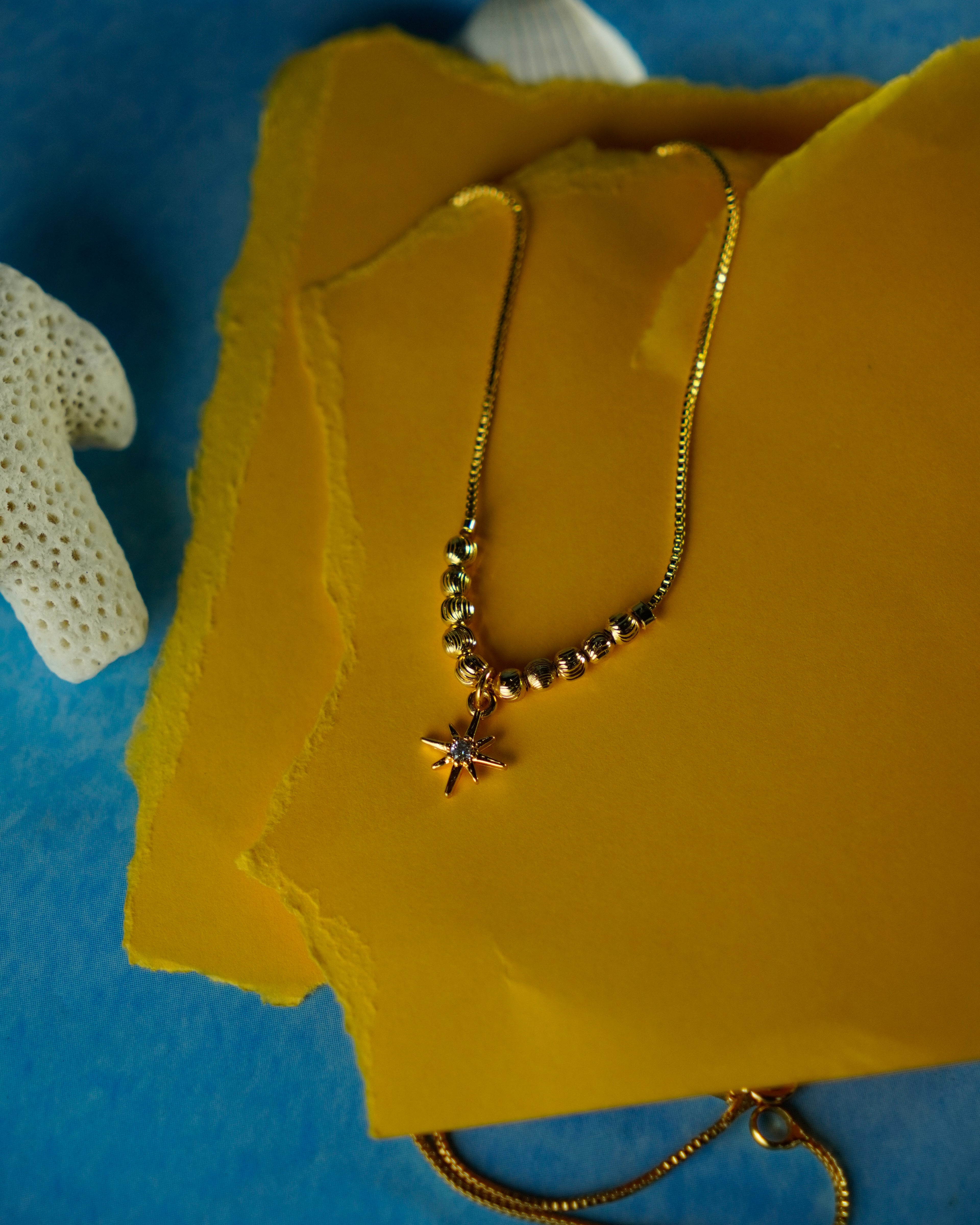 FLORA-Anti-Tarnish Gold Finish Star Charm Pendant Necklace | Minimal Beaded Chain
